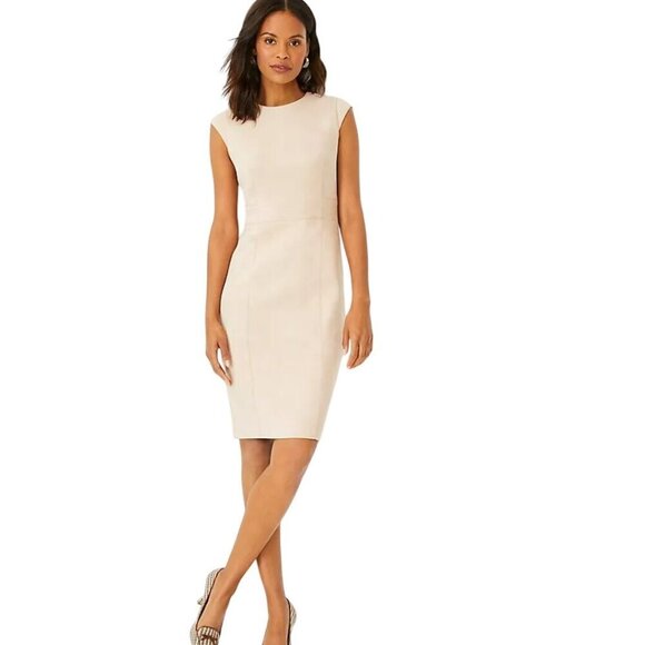 Ann Taylor Faux Suede Midi Sheath Dress Neutral Beige Cap Sleeve Career Size 10 - Picture 1 of 9